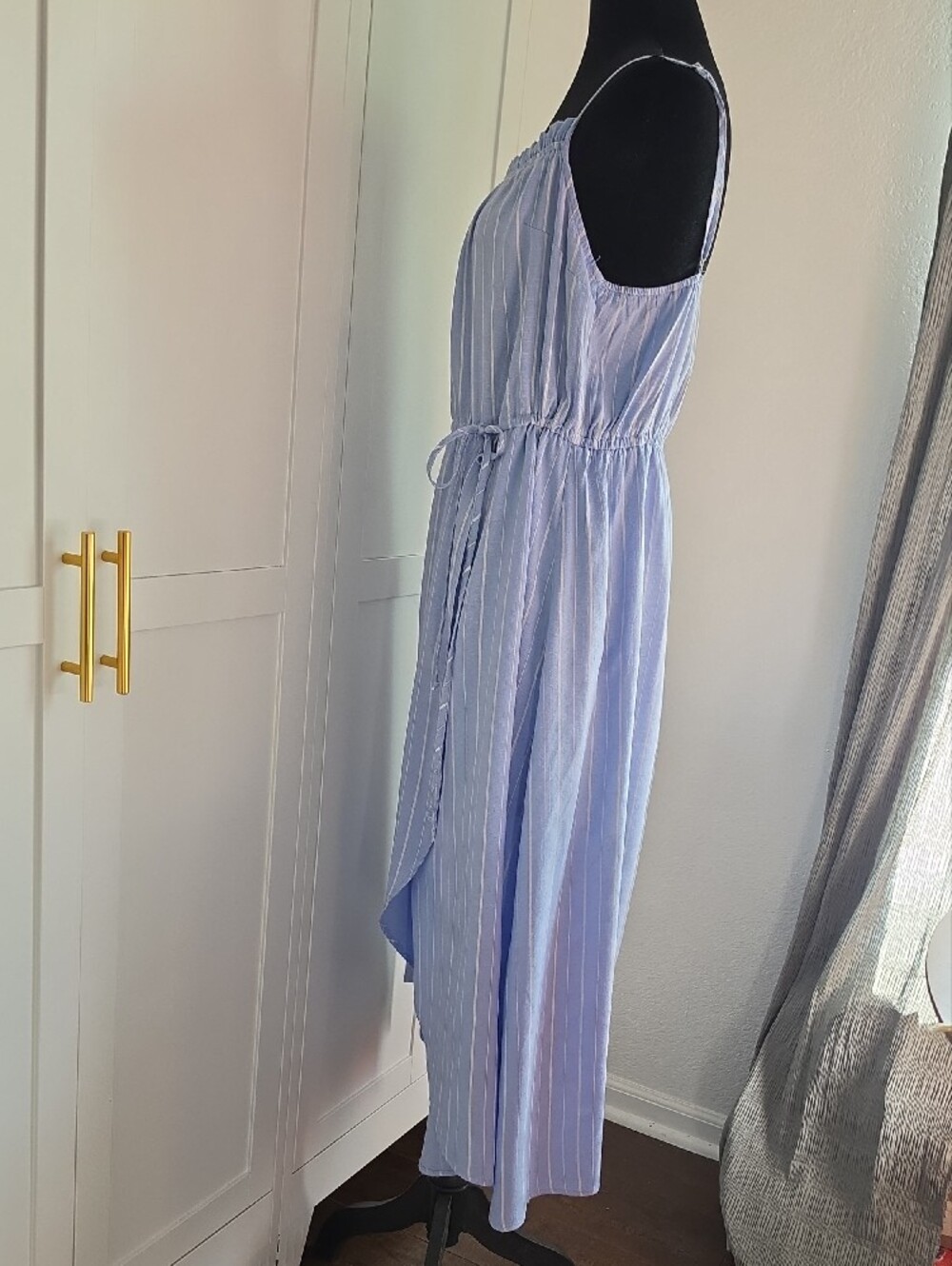 Light Blue Striped Midi Dress with Drawstring Waist - Picture 2 of 4